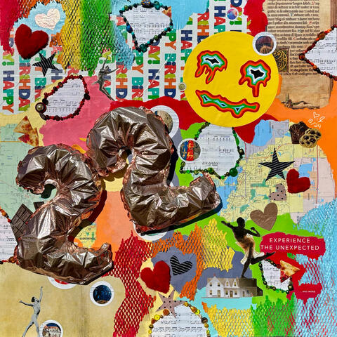 Rainbow colored abstract collage made with paper, fiber, and beads. There two number 2 shaped balloons, and a yellow smiley face with melting facial features.