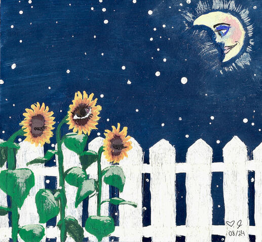 Painting of three sunflowers in front of a white picket fence under a crescent moon at night. The sunflowers each have one eye. The middle flower's eye is open and gazing up at the crescent moon. The moon has a face and is looking down at the sunflower.