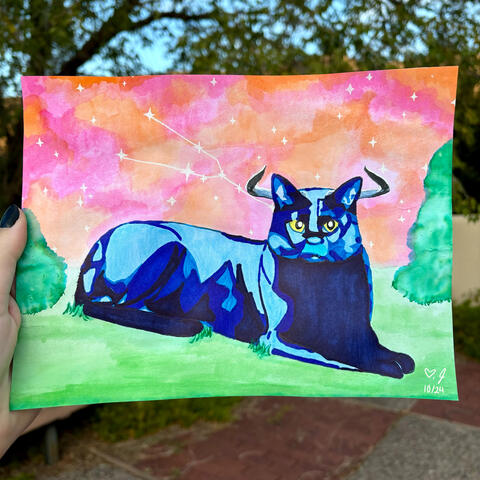 A painting of a blue cat with bull horns laying in the grass under a starry pink and orange sky. The Taurus constellation is in the sky.