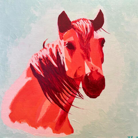 Portrait painting of an orange and red horse. The background is mint green.
