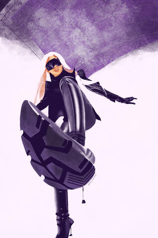 Digital art piece of a woman in dark purple clothing and glasses. Her left leg is raised and the bottom of her shoe is visible.