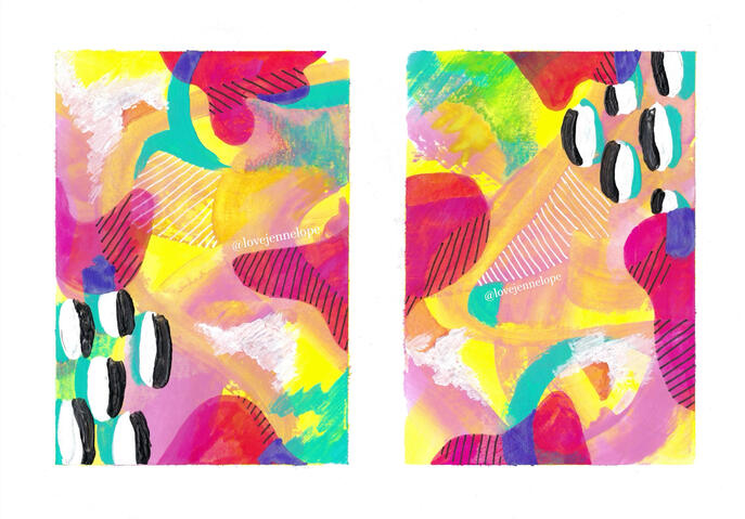 An abstract painting with two parts side by side. They both have pink, orange, yellow, purple, and teal oblong shapes. They also have white, teal, and black ovals as well as black and white lines.