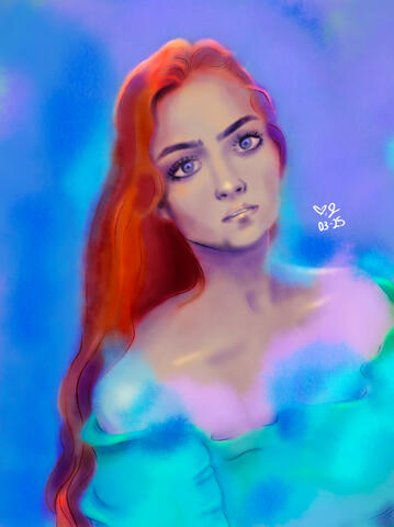 Digital self portrait of the artist. She has red hair and wears a mint green shirt.