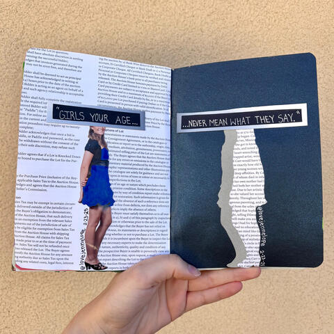 An art journal spread. The left page has a text background and the right page has a dark blue background. On the left page is a photo of a girl in a dress. The girl's silhouette filled in with text is on the right page. Handwritten text covers the face are