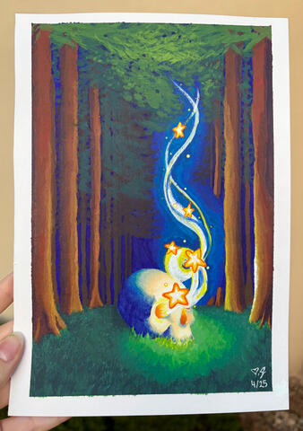 Painting of a skull in a forest clearing with stars coming out of its eyes.