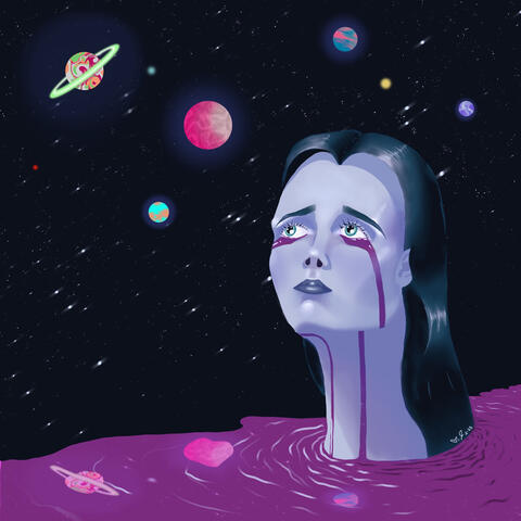 Digital art piece of a girl with purple skin looking up at outer space from a pool of her own purple tears.