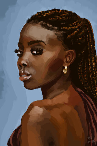 Digital portrait painting of a woman with braided hair and a gold earring looking over her shoulder. The background is blue.