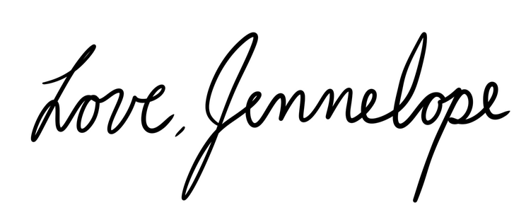 Black script. Text: Love, Jennelope